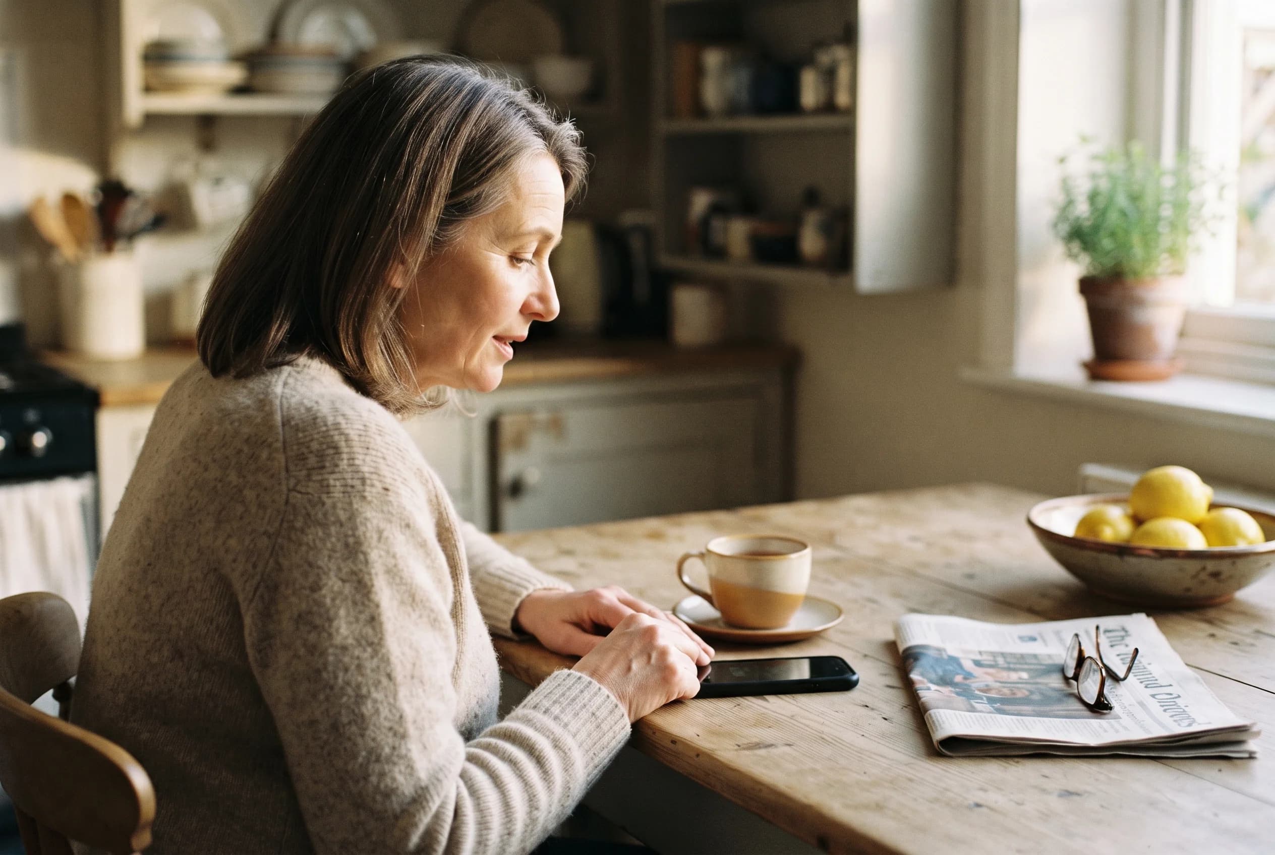 A woman at a kitchen table in morning light, tablet in front of her.