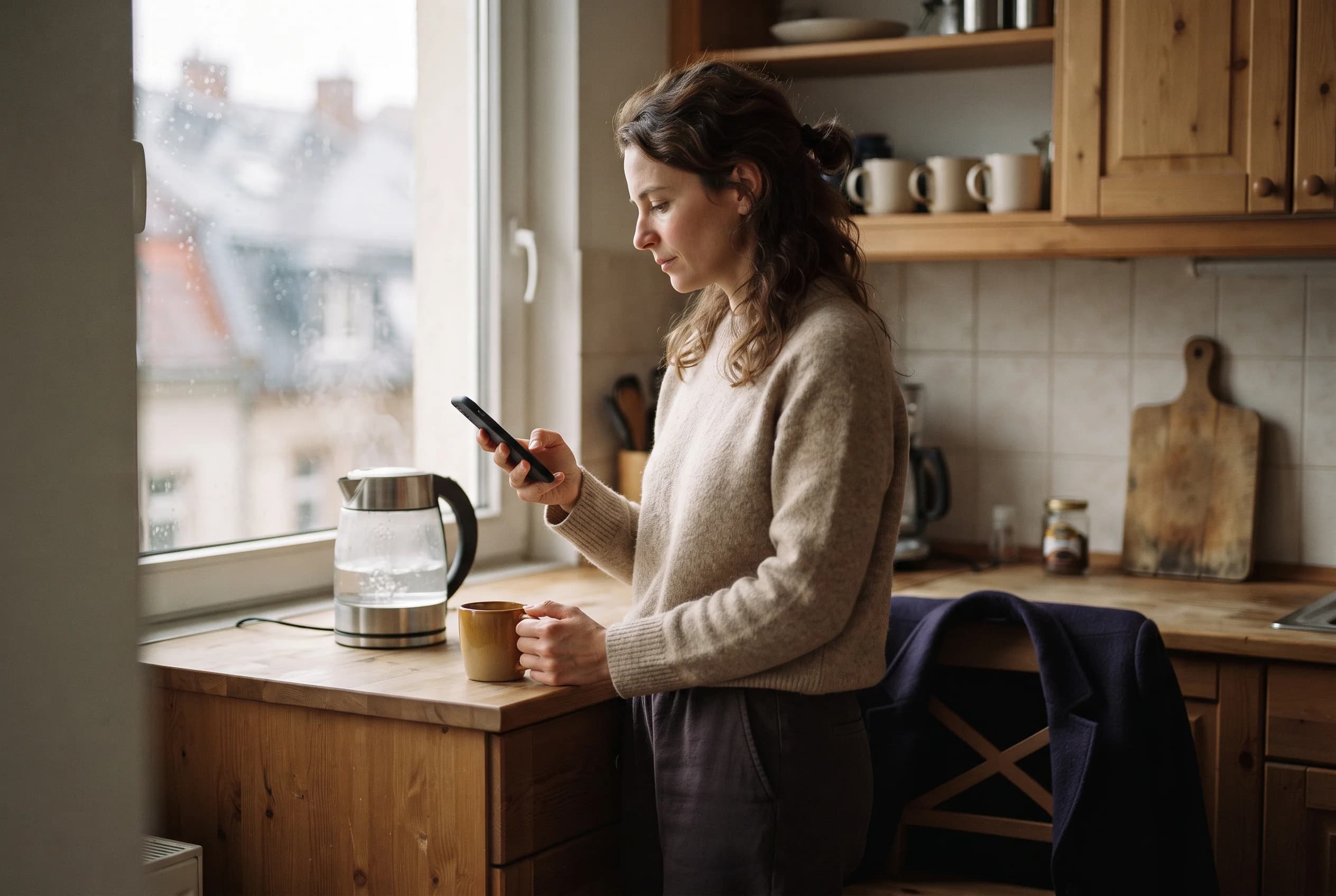 A woman standing in her own kitchen, phone in hand, a bag on the counter.