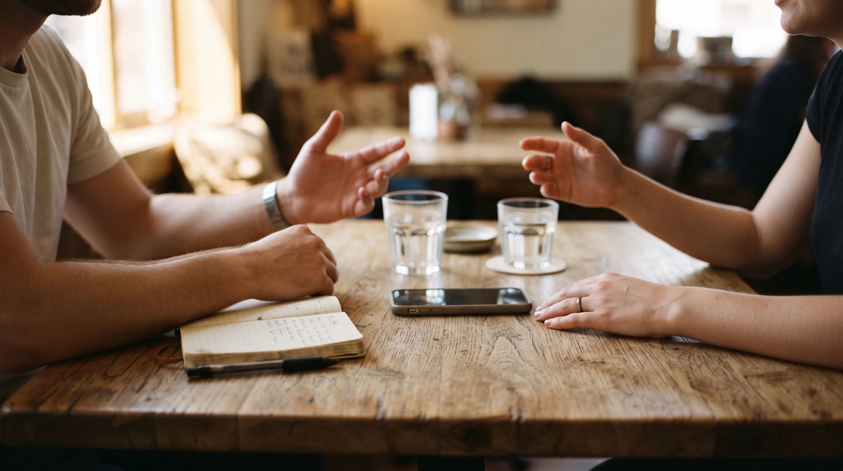 Two people talking across a table, a phone lying face down between them.