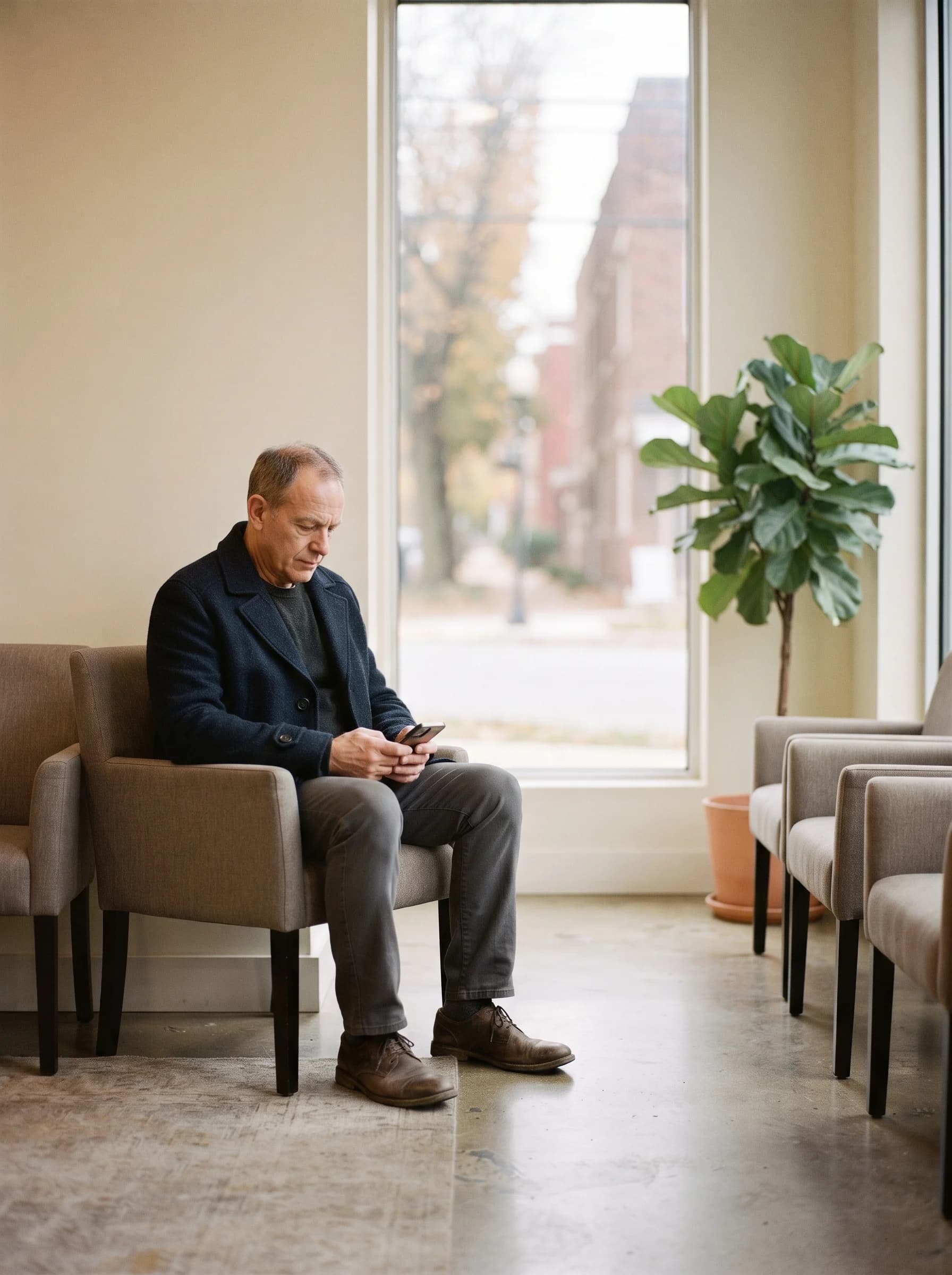 A man waiting before an appointment, phone in hand.