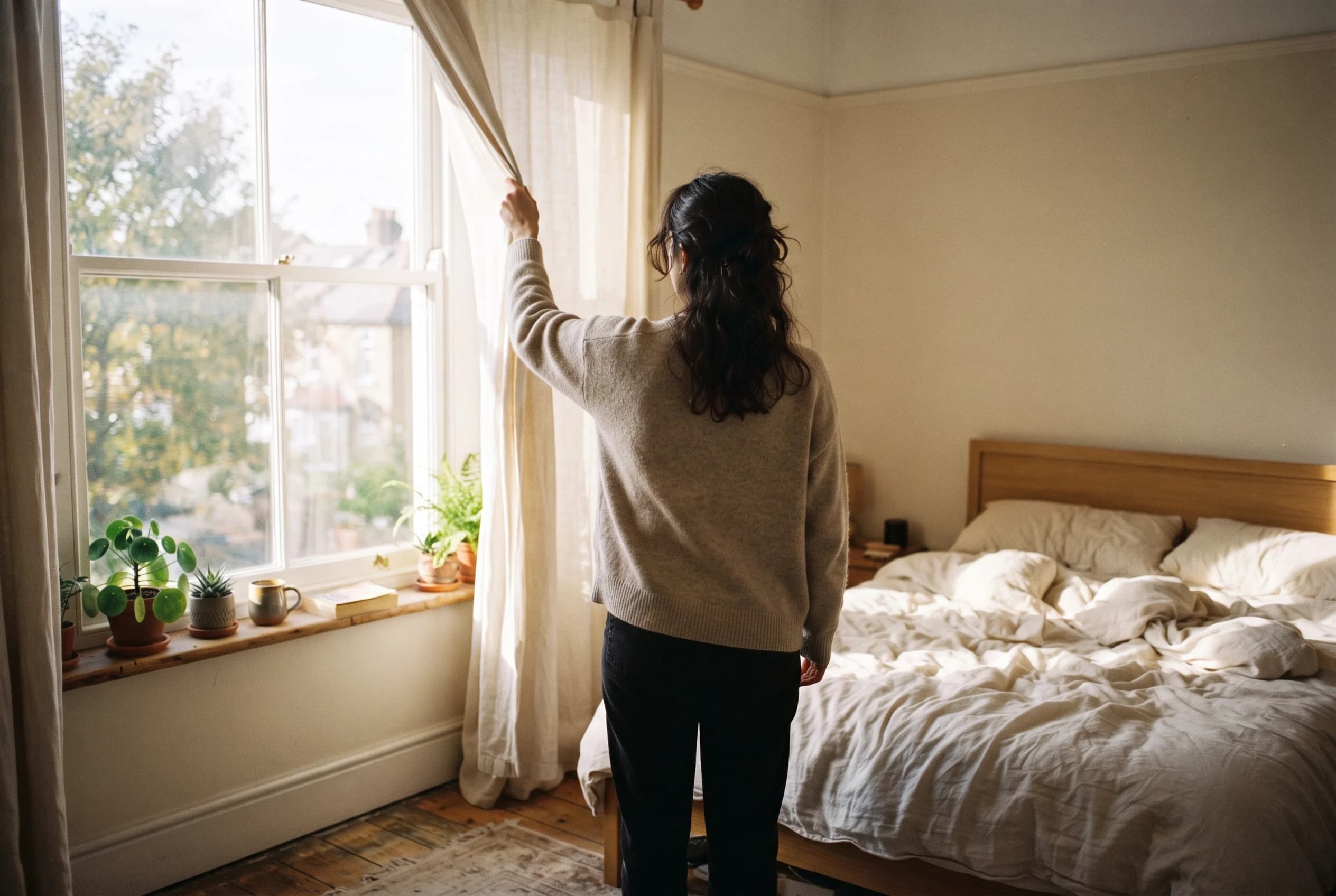 Curtains opened onto a bright window, an unmade bed in the foreground.