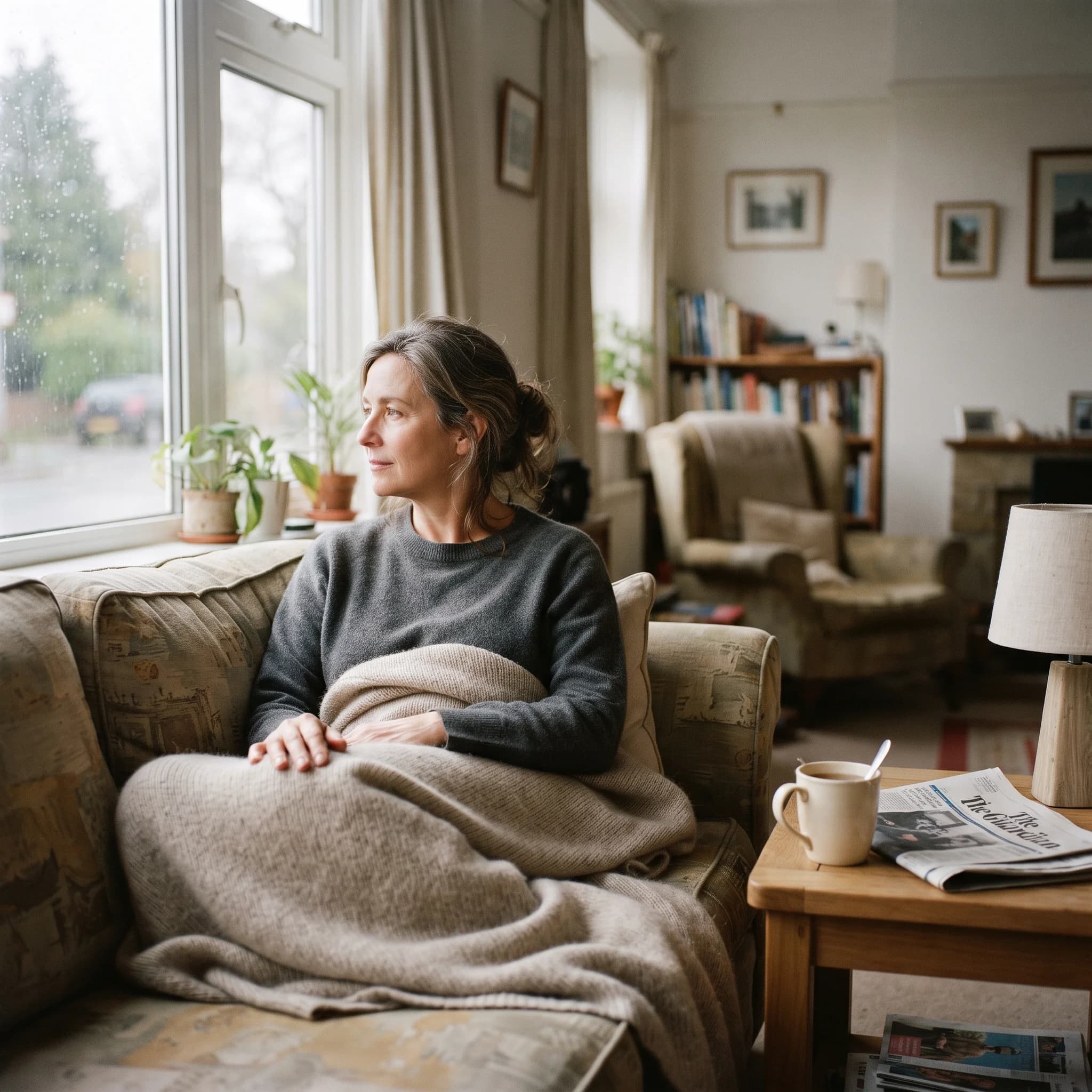 A woman resting under a blanket on an ordinary afternoon.
