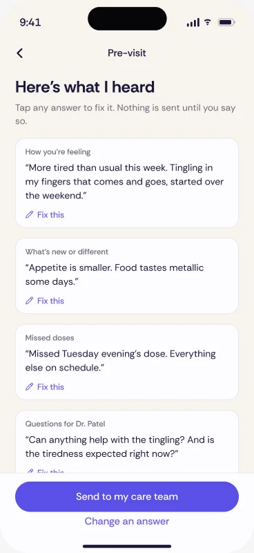 Care Journal showing what it heard, ready to correct.