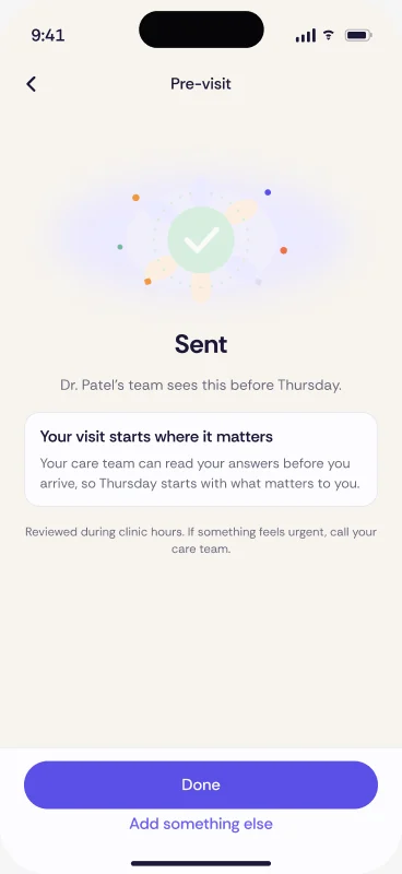Care Journal confirming an entry was sent.