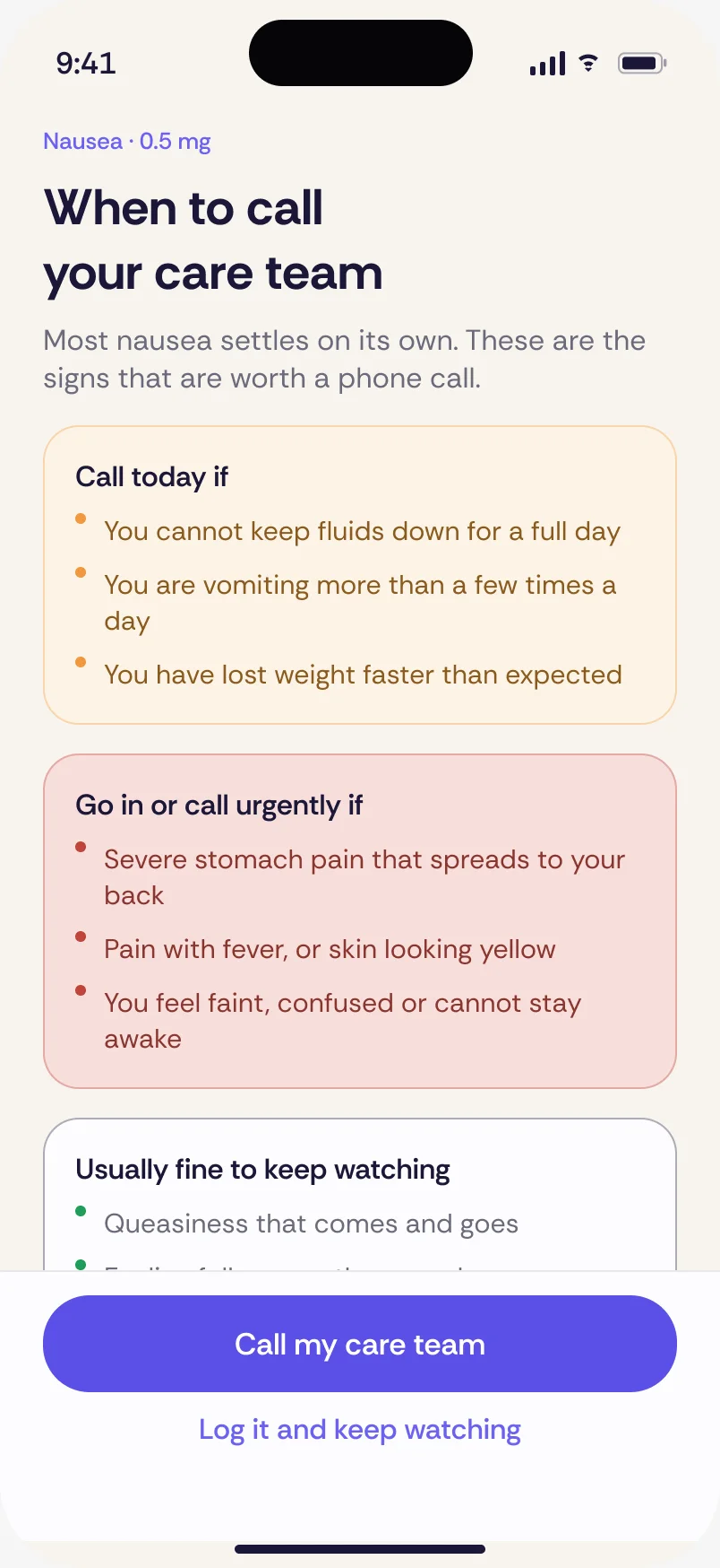 The Care Journal app naming the specific signs that are worth a phone call.